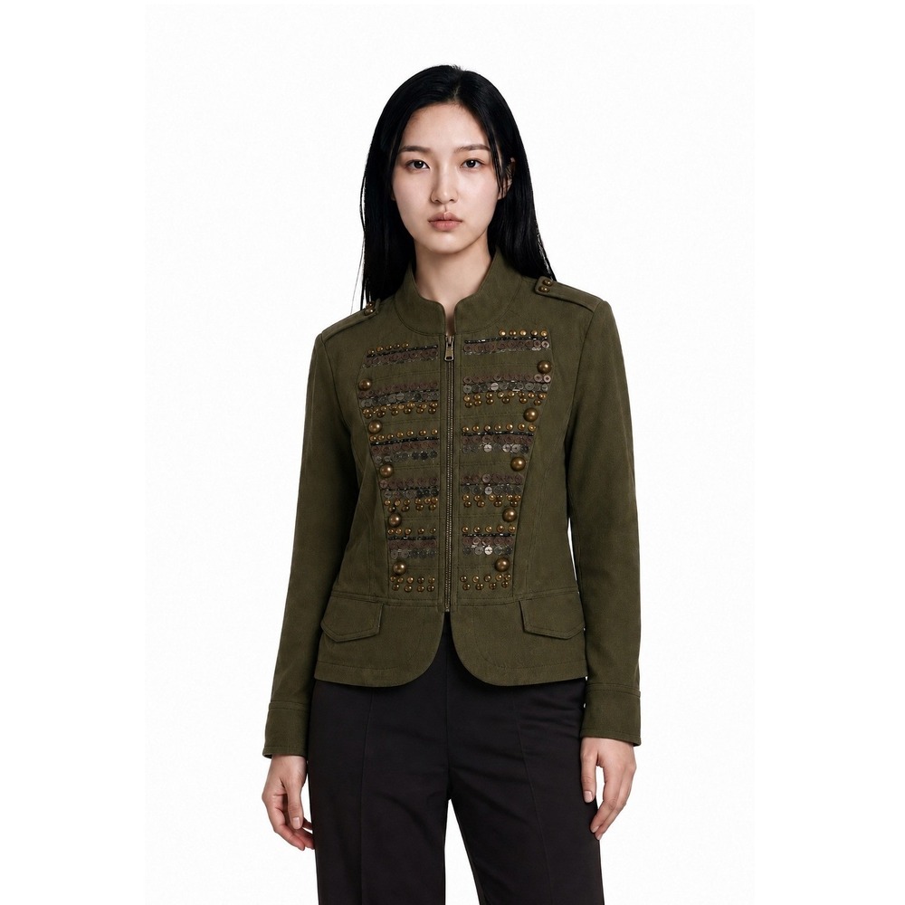 NWT INC Military Utility Jacket Women's Size Medium Petite MP Olive Green Sequin